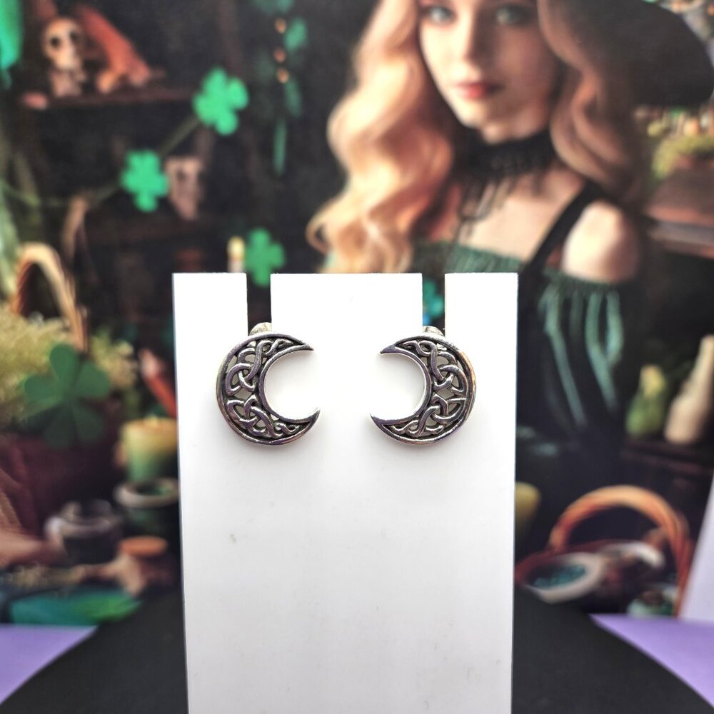 Hollow Celtic Knotwork Crescent Moon Sterling Silver Earrings - Picture 3 of 5